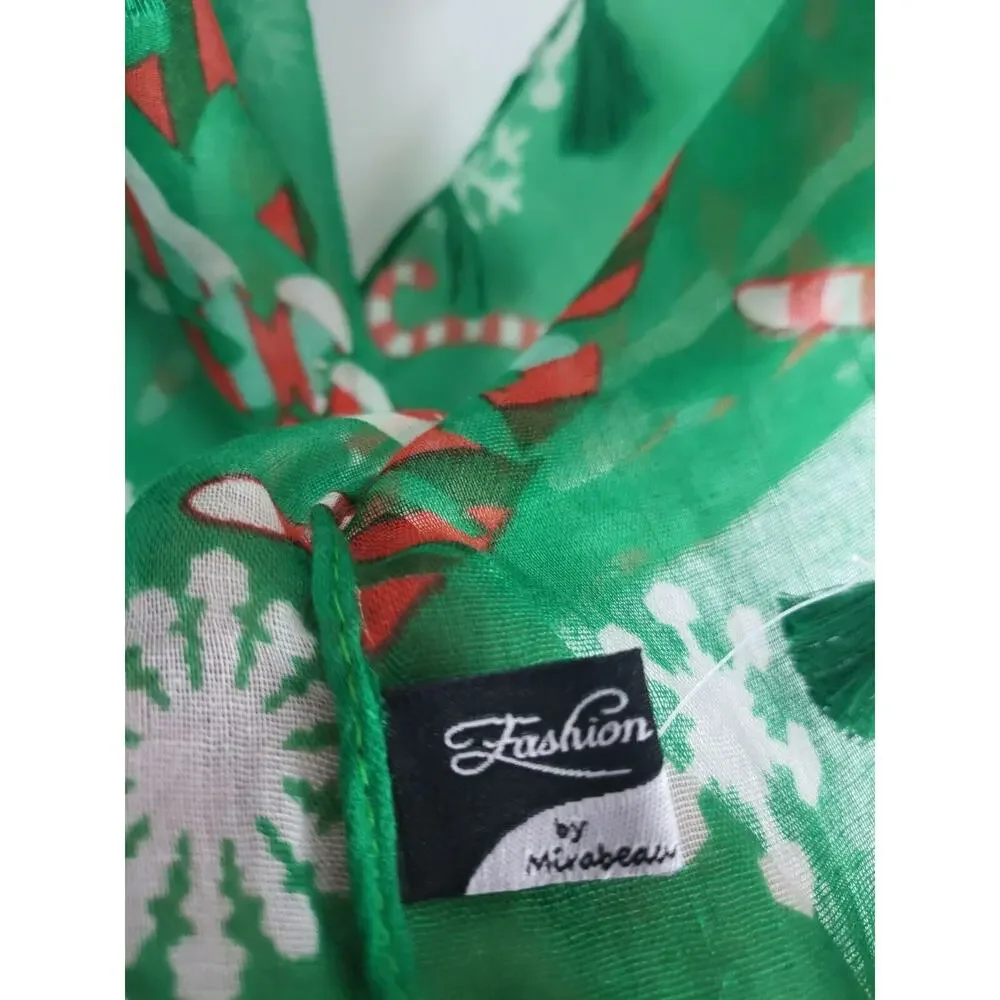 Womens Infinity Scarf Green Candy Cane Snowflake Sheer‎ 34x21 In Holiday